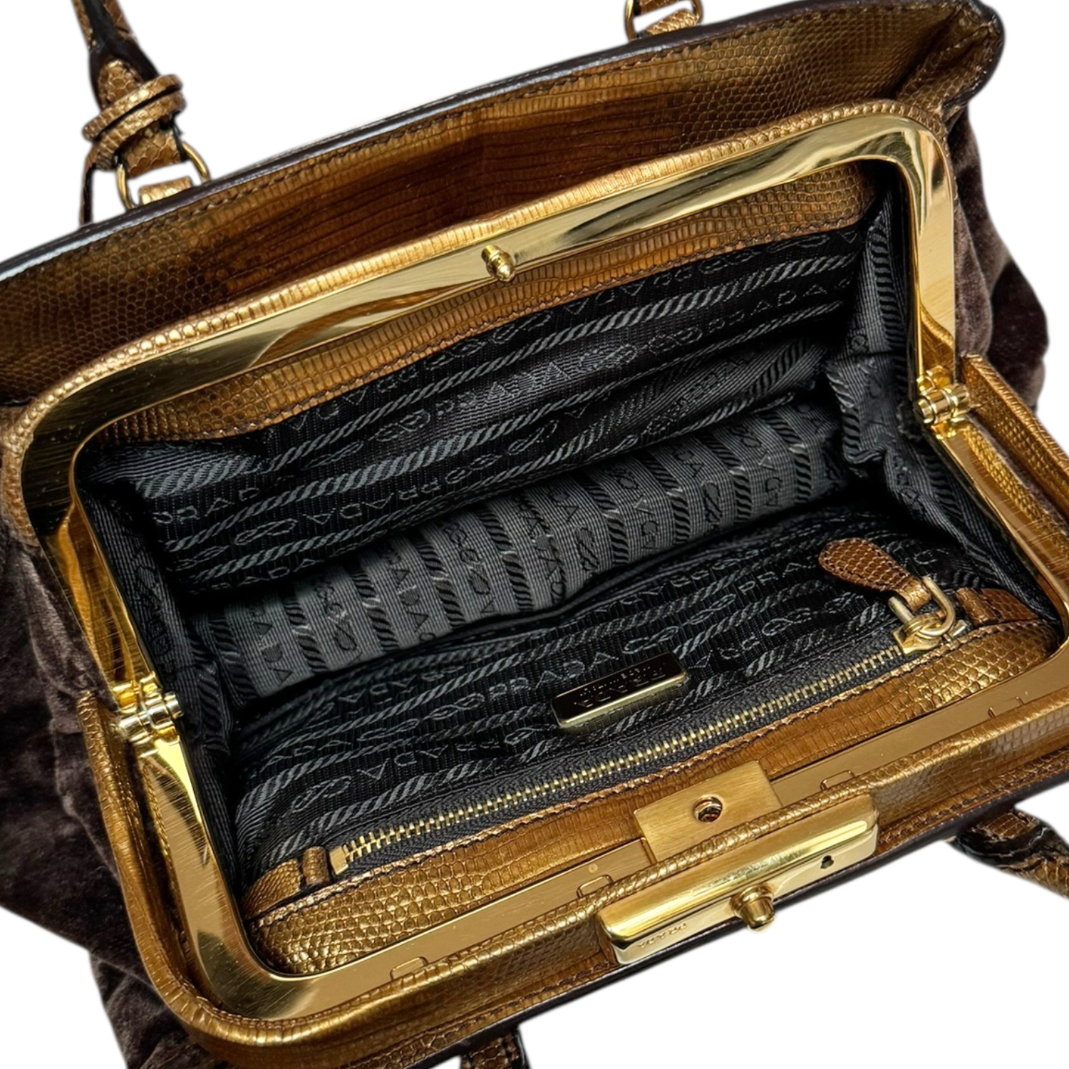Prada Logo Velvet Exotic Bag in Brown / Gold - Image 6