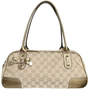 Vintage Gucci Monogram Bow Princy Canvas Shoulder Bag in Beige / Gold | NITRYL