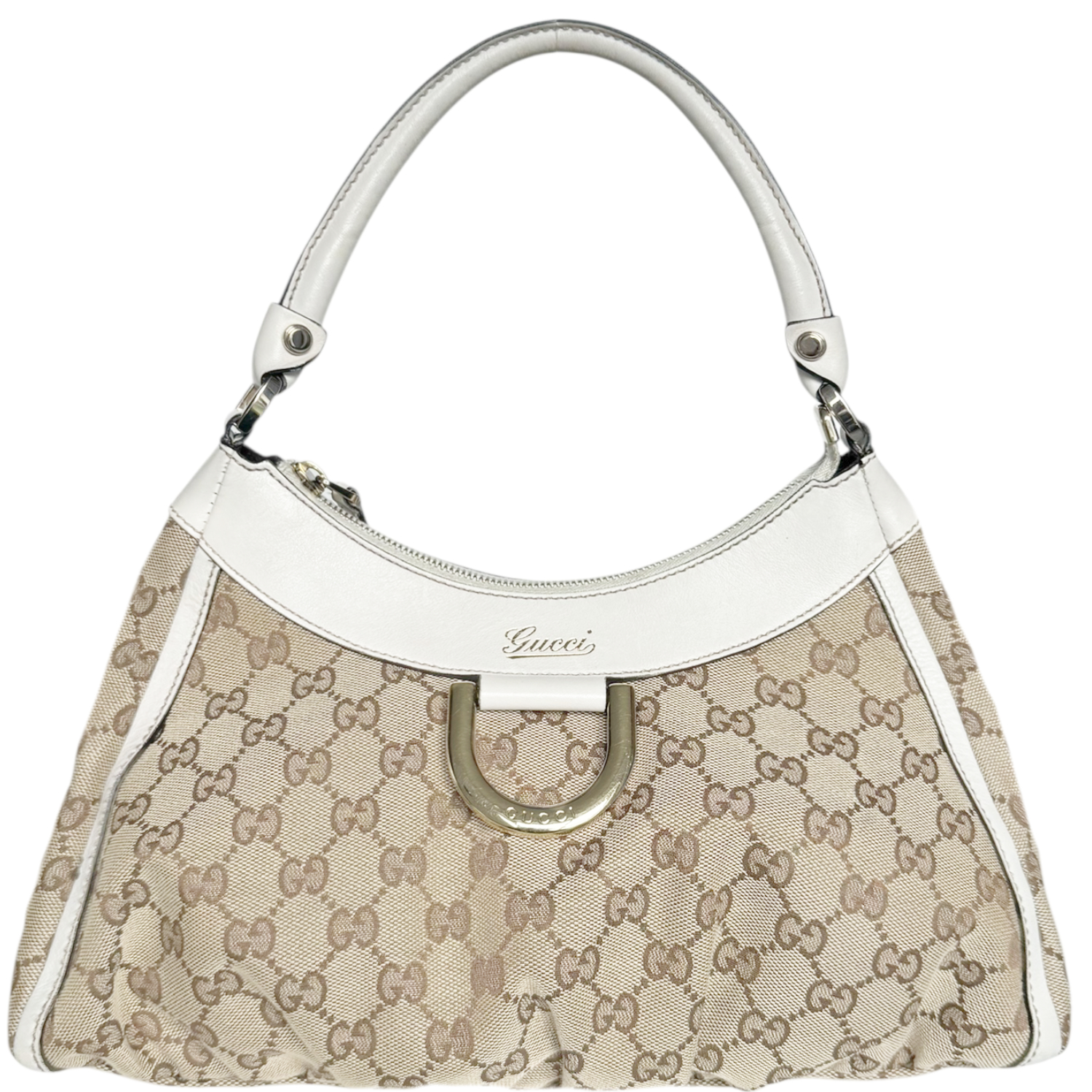 Vintage Gucci Monogram D Ring Hobo Shoulder Bag in Beige / White / Gold | NITRYL