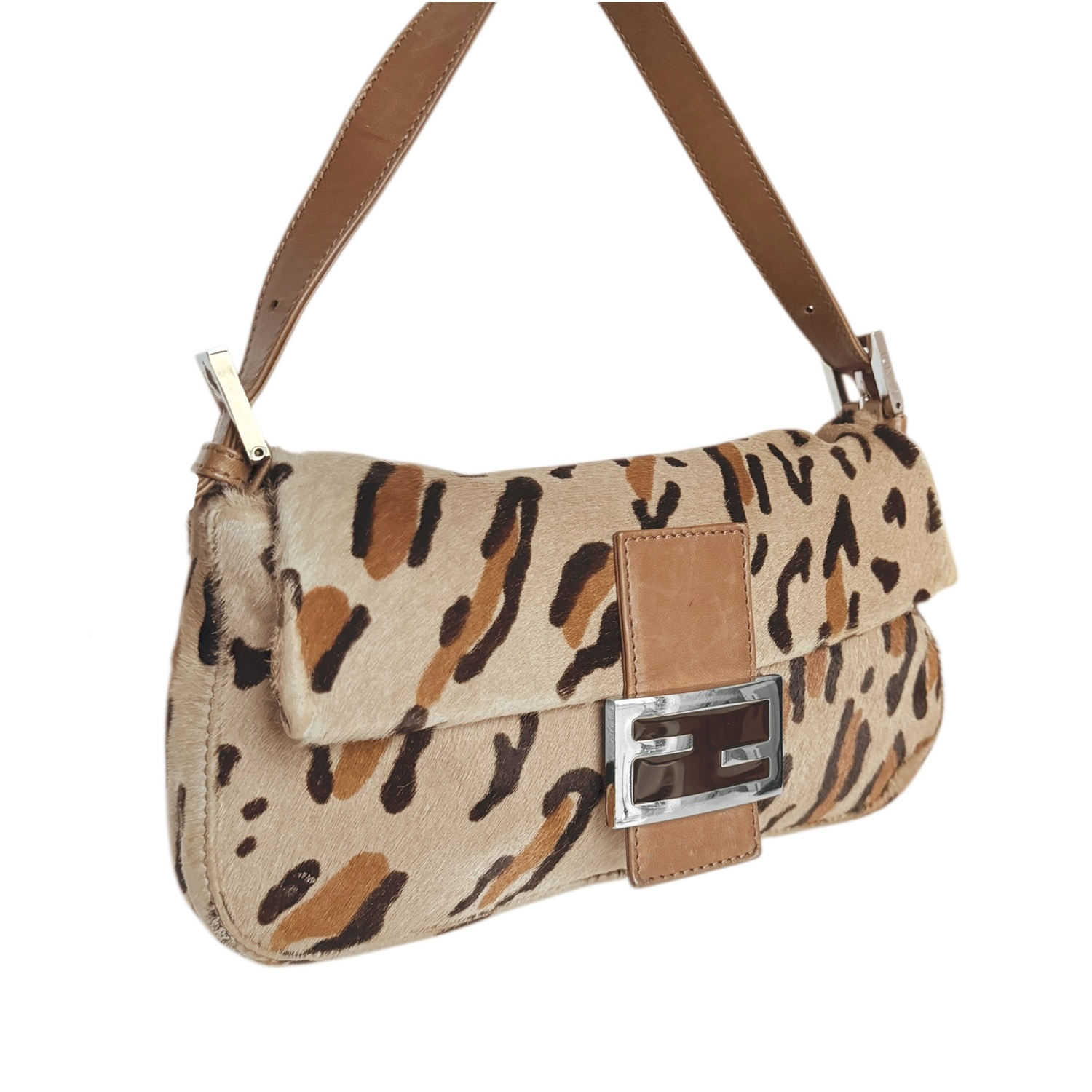 Fendi Leopard Print Calfskin Shoulder Baguette Bag in Brown / Tan - Image 2