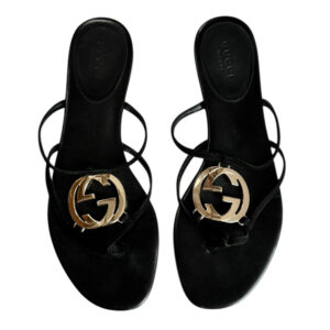 Vintage Gucci GG Logo Suede Thong Strappy Heels in Black / Gold UK 3 | NITRYL