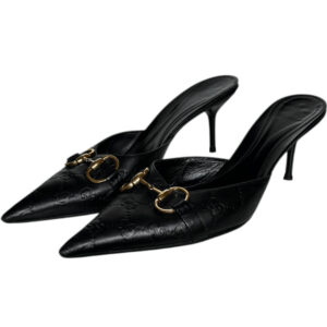 Vintage Gucci Monogram Horsebit Mule Heels in Black / Gold UK 8 | NITRYL