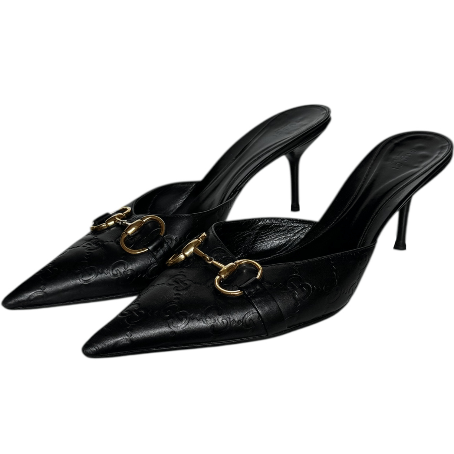 Vintage Gucci Monogram Horsebit Mule Heels in Black / Gold UK 8 | NITRYL