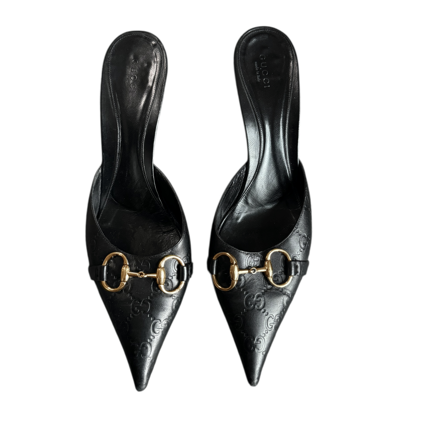 Gucci Monogram Horsebit Mule Heels in Black / Gold UK 8 - Image 2