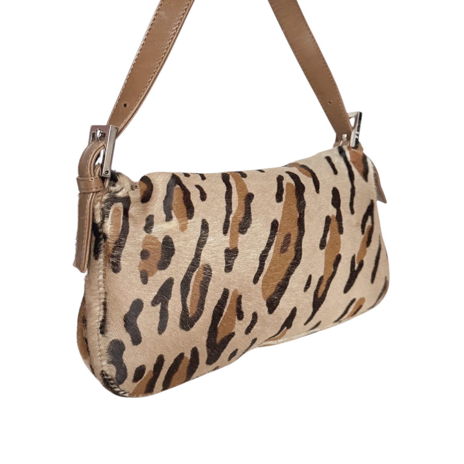 Fendi Leopard Print Calfskin Shoulder Baguette Bag in Brown / Tan - Image 4