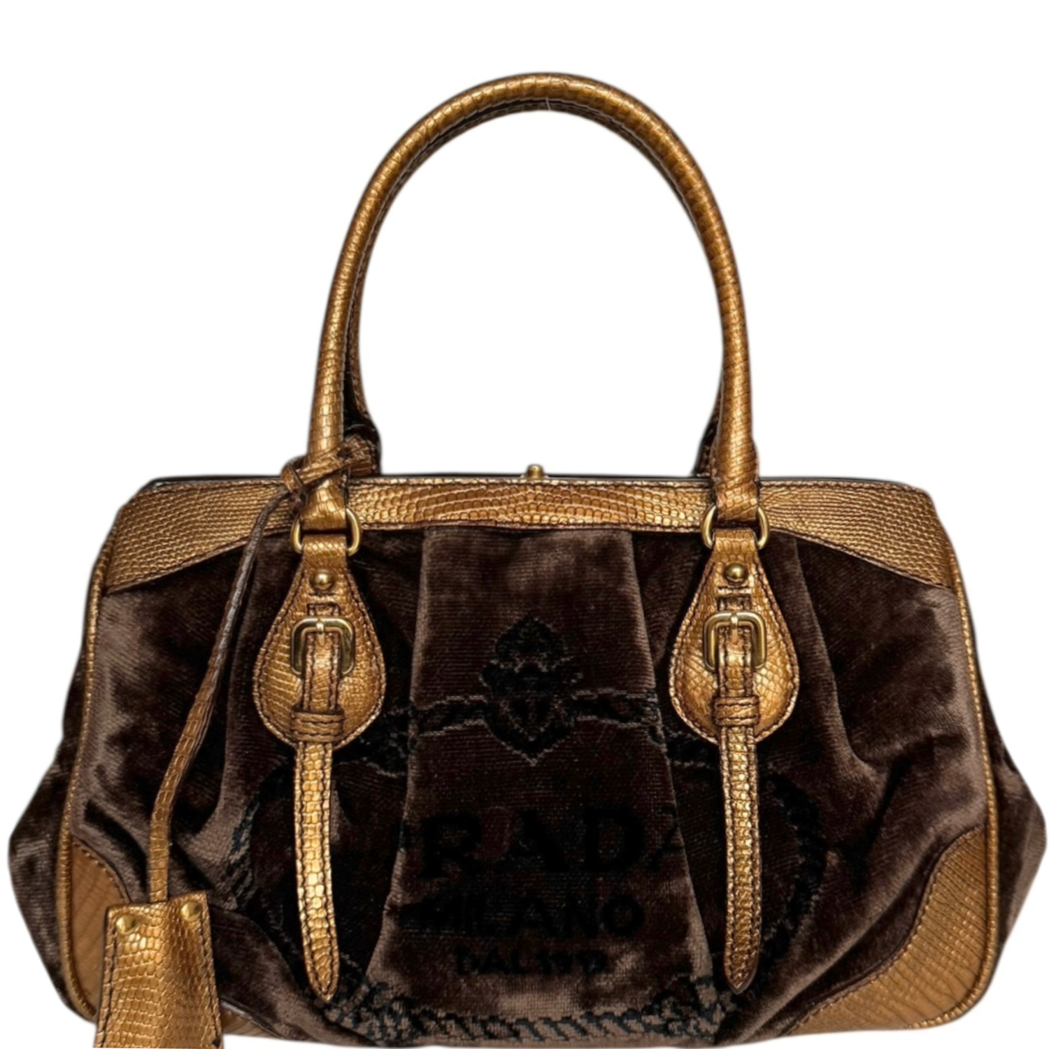 Vintage Prada Logo Velvet Exotic Logo Bag in Brown / Gold | NITRYL
