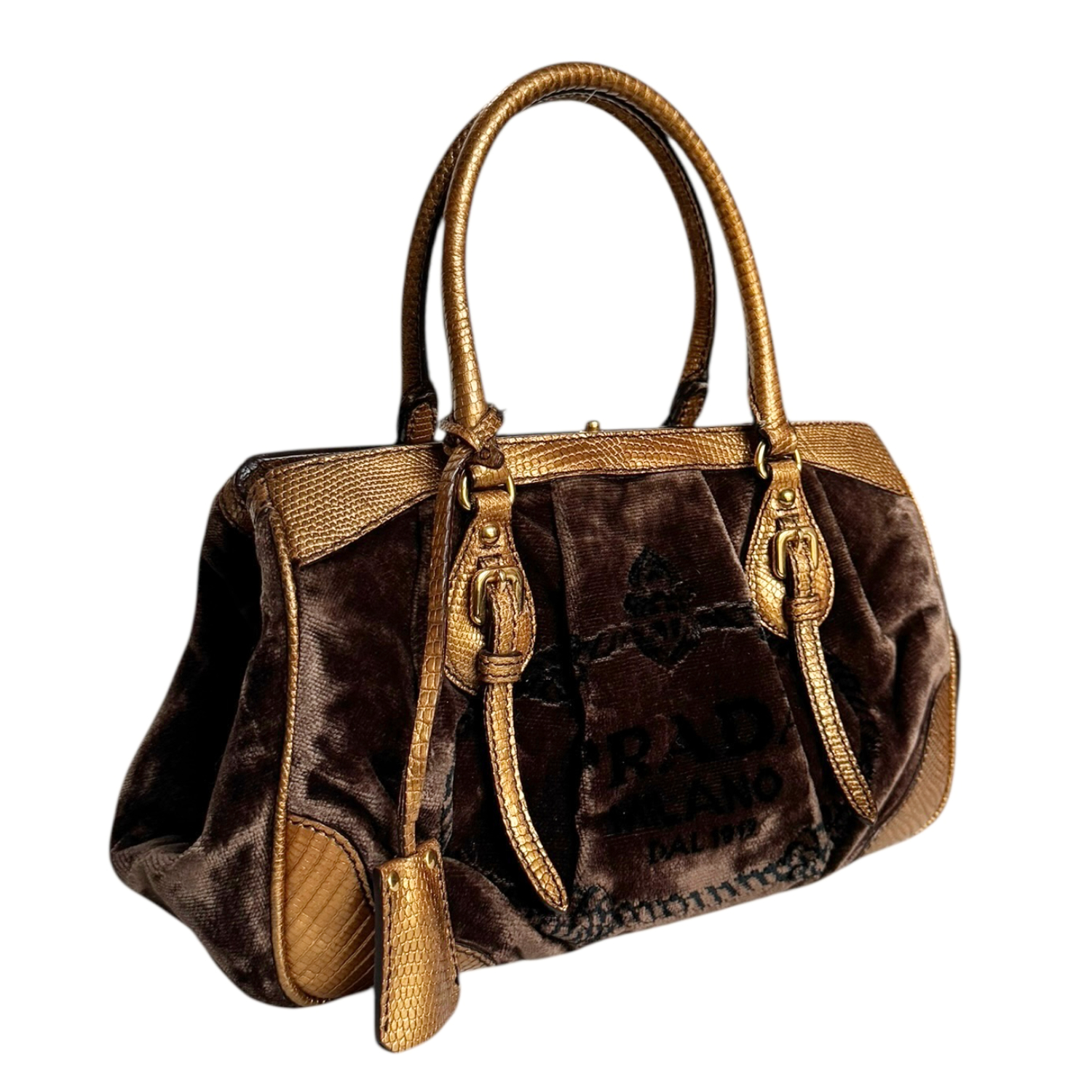 Prada Logo Velvet Exotic Bag in Brown / Gold - Image 2