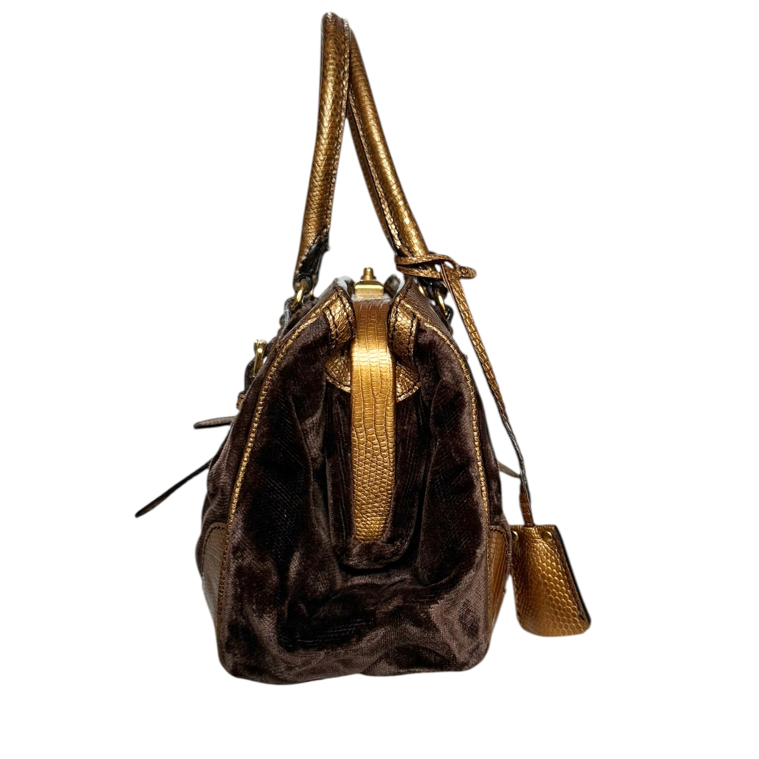 Prada Logo Velvet Exotic Bag in Brown / Gold - Image 3