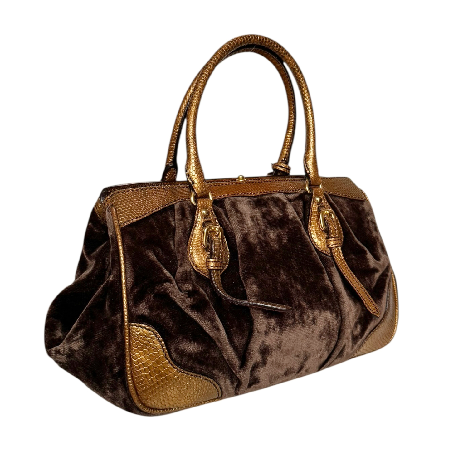 Prada Logo Velvet Exotic Bag in Brown / Gold - Image 4