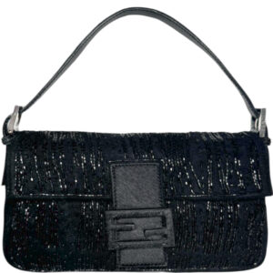 Vintage Fendi Beaded Felt Calfskin Shoulder Baguette Bag in Black / Silver | NITRYL