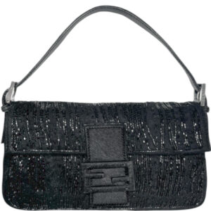 Vintage Fendi Beaded Felt Calfskin Shoulder Baguette Bag in Black / Silver | NITRYL