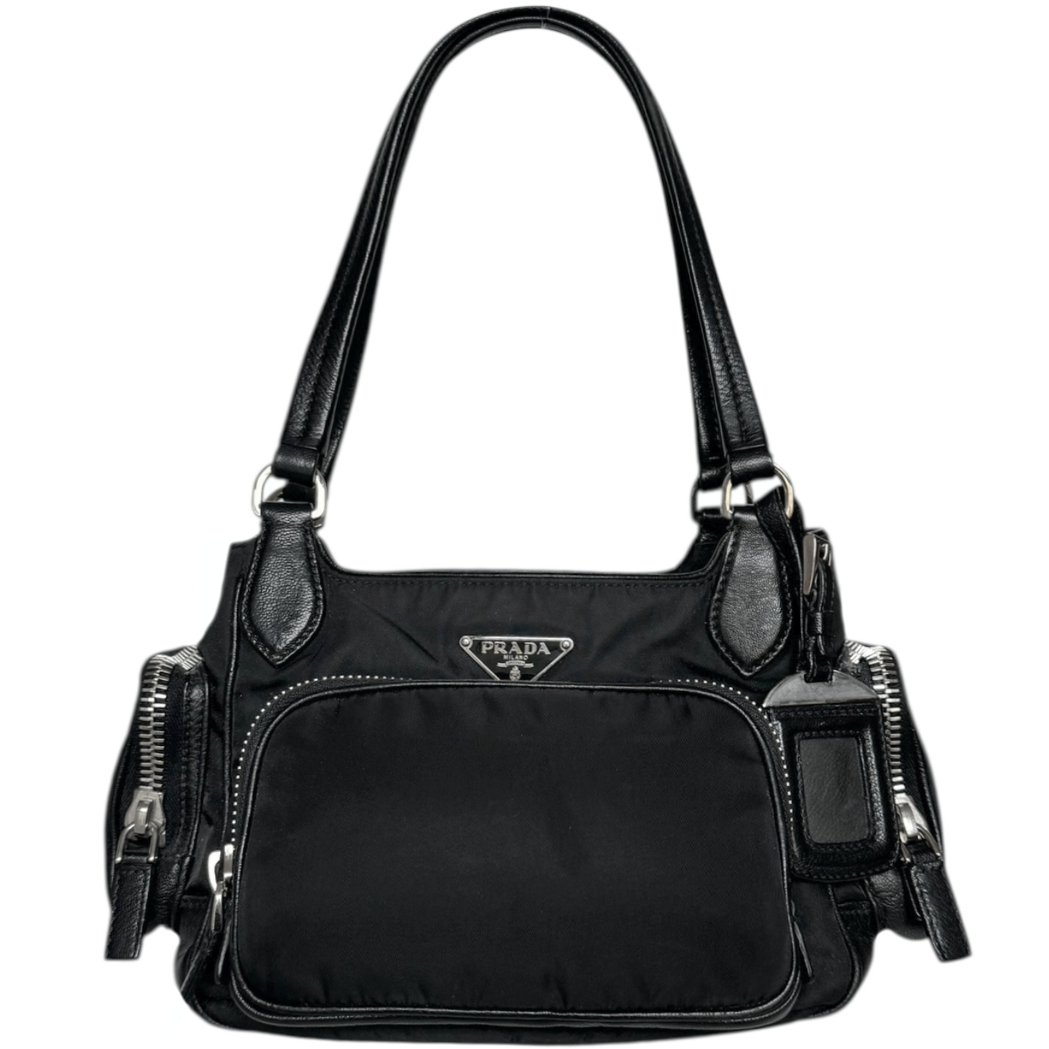 Vintage Prada Nylon Pocket Shoulder Bag in Black / Silver | NITRYL