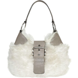 Vintage Prada Faux Fur Moon Shoulder Bag in Cream / Beige / Silver | NITRYL