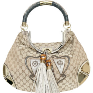 Vintage Gucci Monogram Canvas Lizard Indy 2 Way Shoulder Bag in Beige / Cream with Exotic Detailing | NITRYL