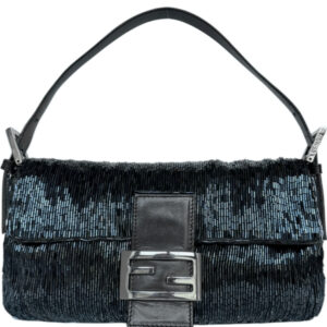 Vintage Fendi Beaded Shoulder Baguette Bag in Metallic Navy / Grey / Silver | NITRYL