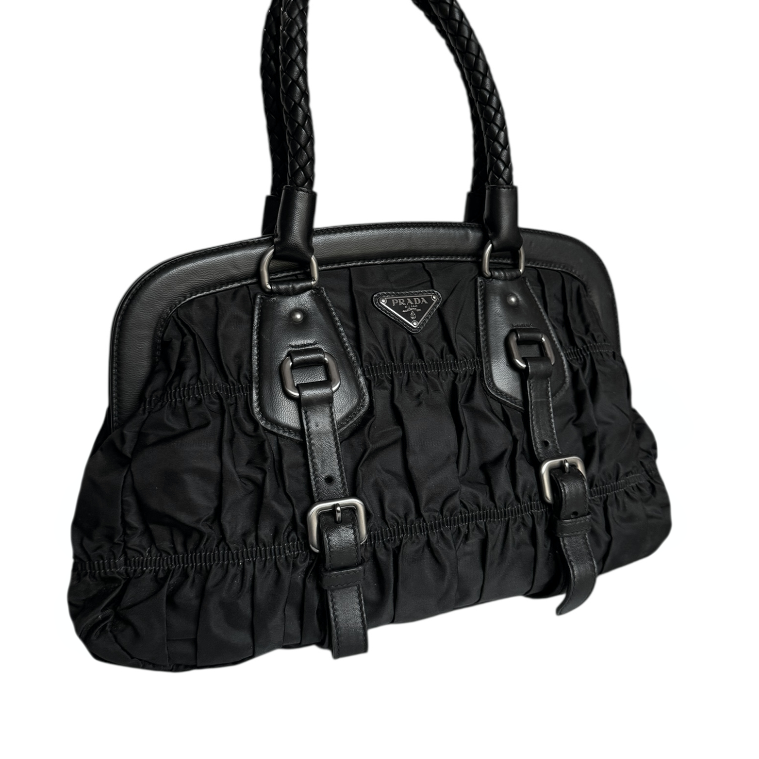 Prada Nylon Ruched Shoulder Bag in Black / Silver - Image 2