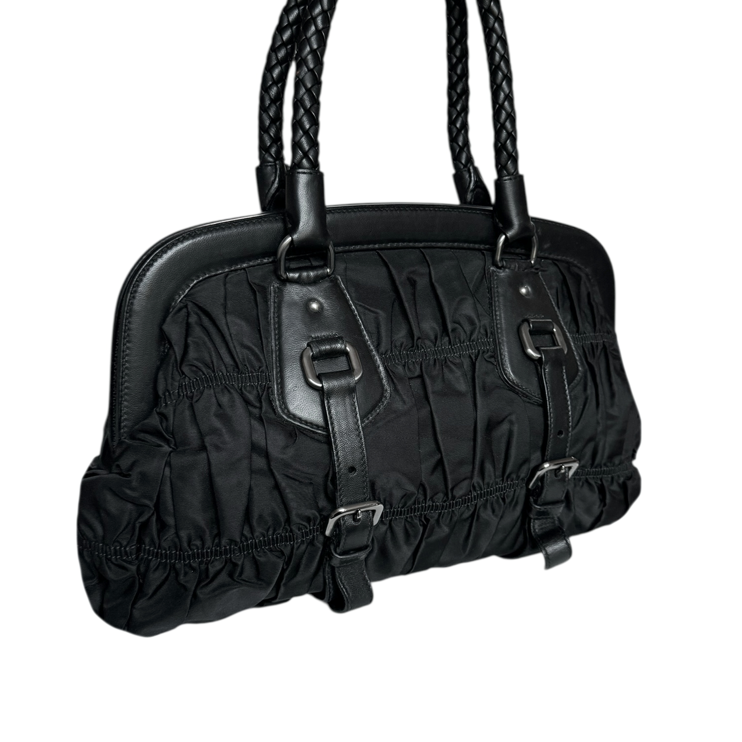 Prada Nylon Ruched Shoulder Bag in Black / Silver - Image 4