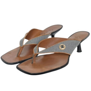 Vintage Chanel Logo Denim Thong Heels in Blue / Tan UK 3.5 | NITRYL