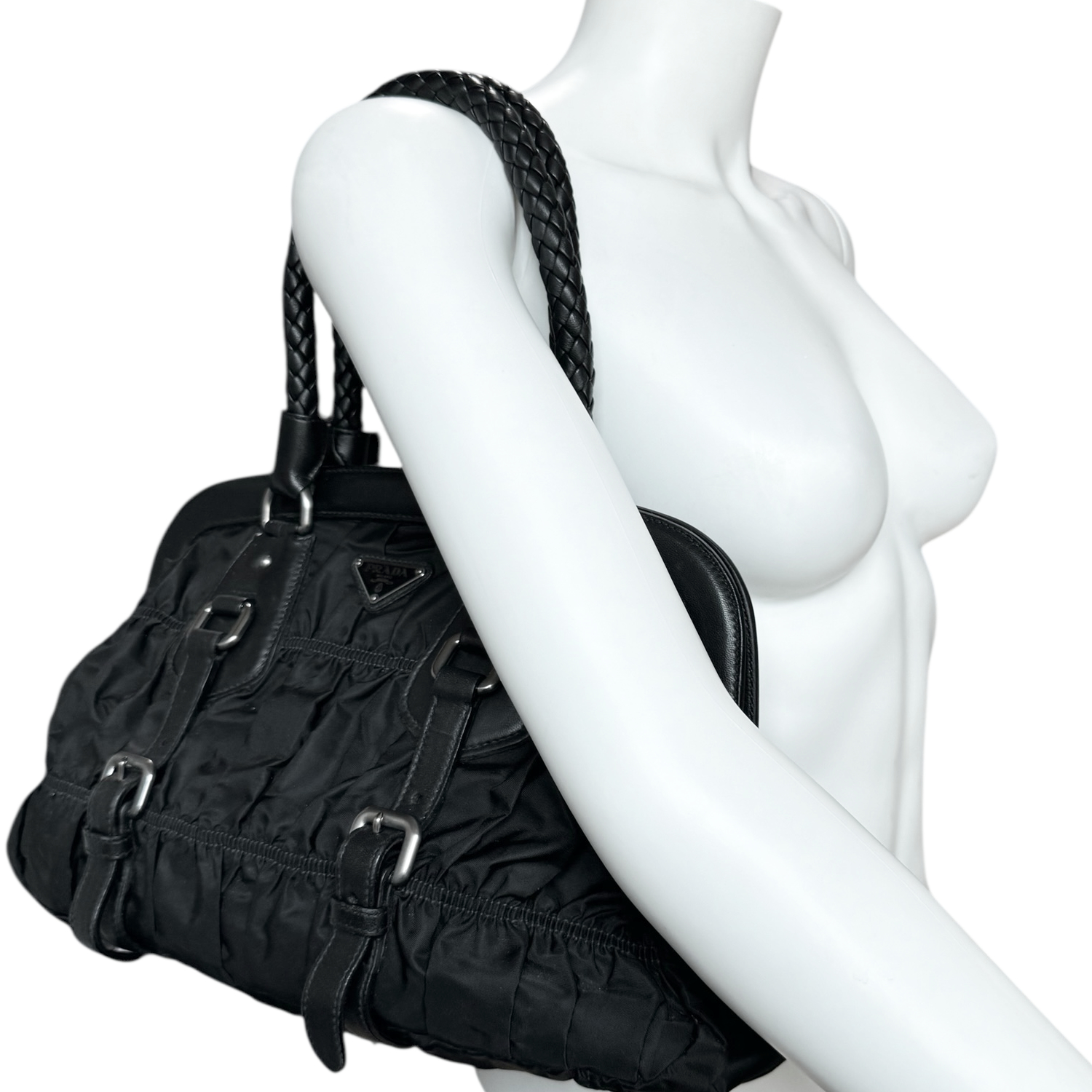 Prada Nylon Ruched Shoulder Bag in Black / Silver - Image 8