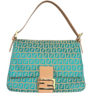 Vintage Fendi Monogram Mamma Shoulder Baguette Bag in Aqua / Tan / Gold | NITRYL