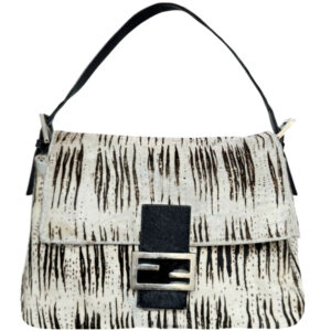 Vintage Fendi Striped Calfskin Shoulder Mamma Baguette Bag in White / Black / Silver | NITRYL