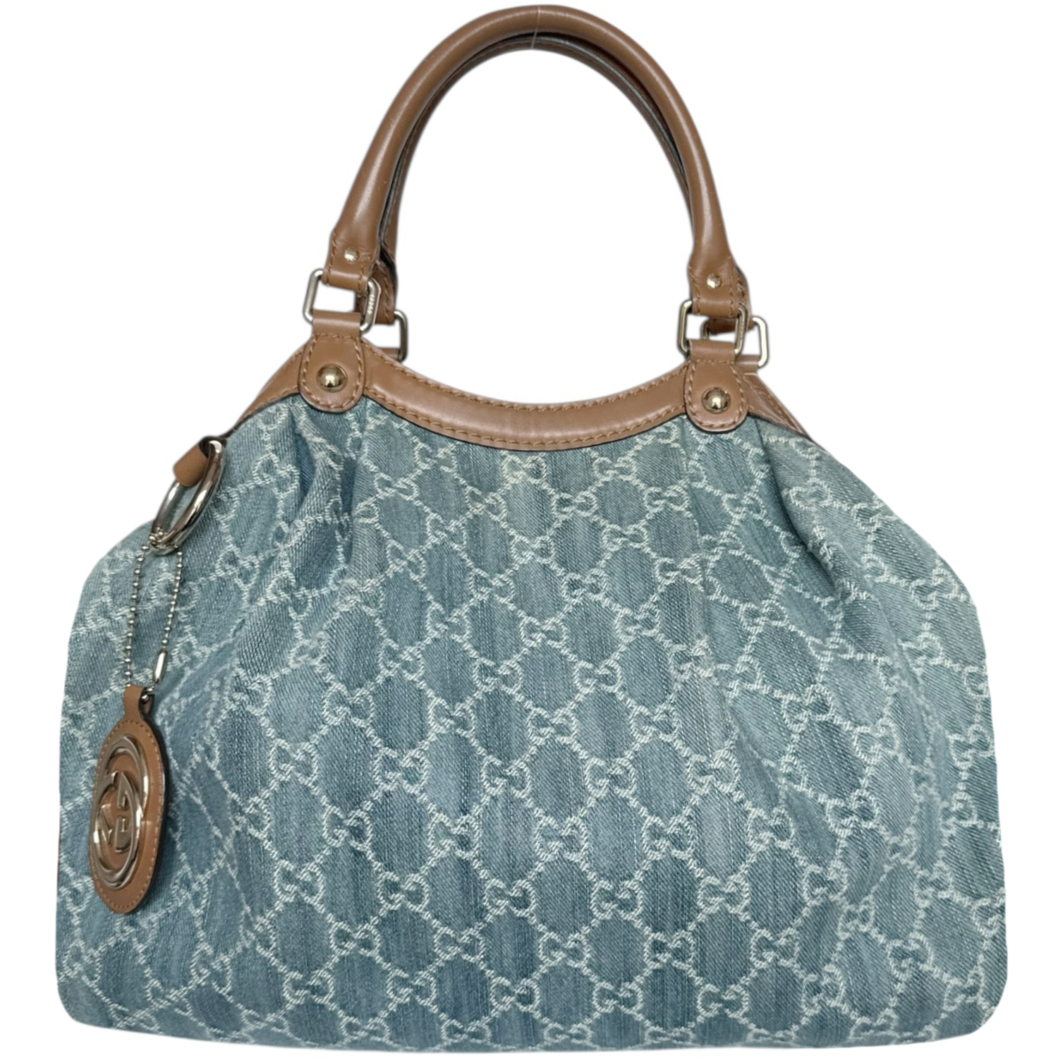 Vintage Gucci Monogram Denim Sukey Hobo Shoulder Bag in Blue / Brown / Gold | NITRYL