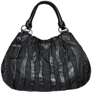 Vintage Prada Leather Nylon Striped Hobo Shoulder Bag in Black / Silver | NITRYL