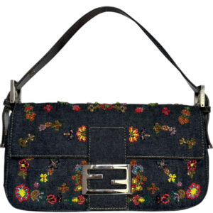 Vintage Fendi Beaded Floral Denim Shoulder Baguette Bag in Navy / Multicolour / Silver | NITRYL