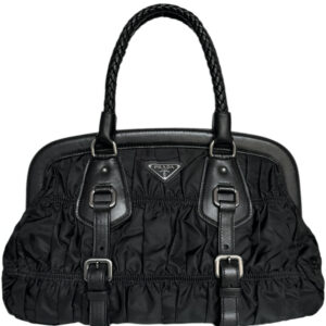 Vintage Prada Nylon Ruched Shoulder Bag in Black / Silver | NITRYL