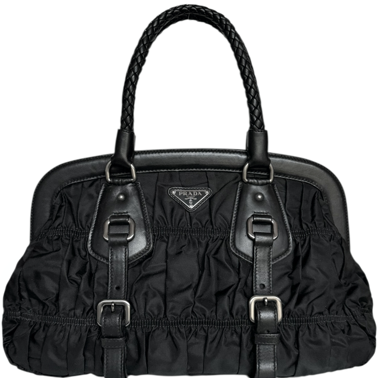 Vintage Prada Nylon Ruched Shoulder Bag in Black / Silver | NITRYL