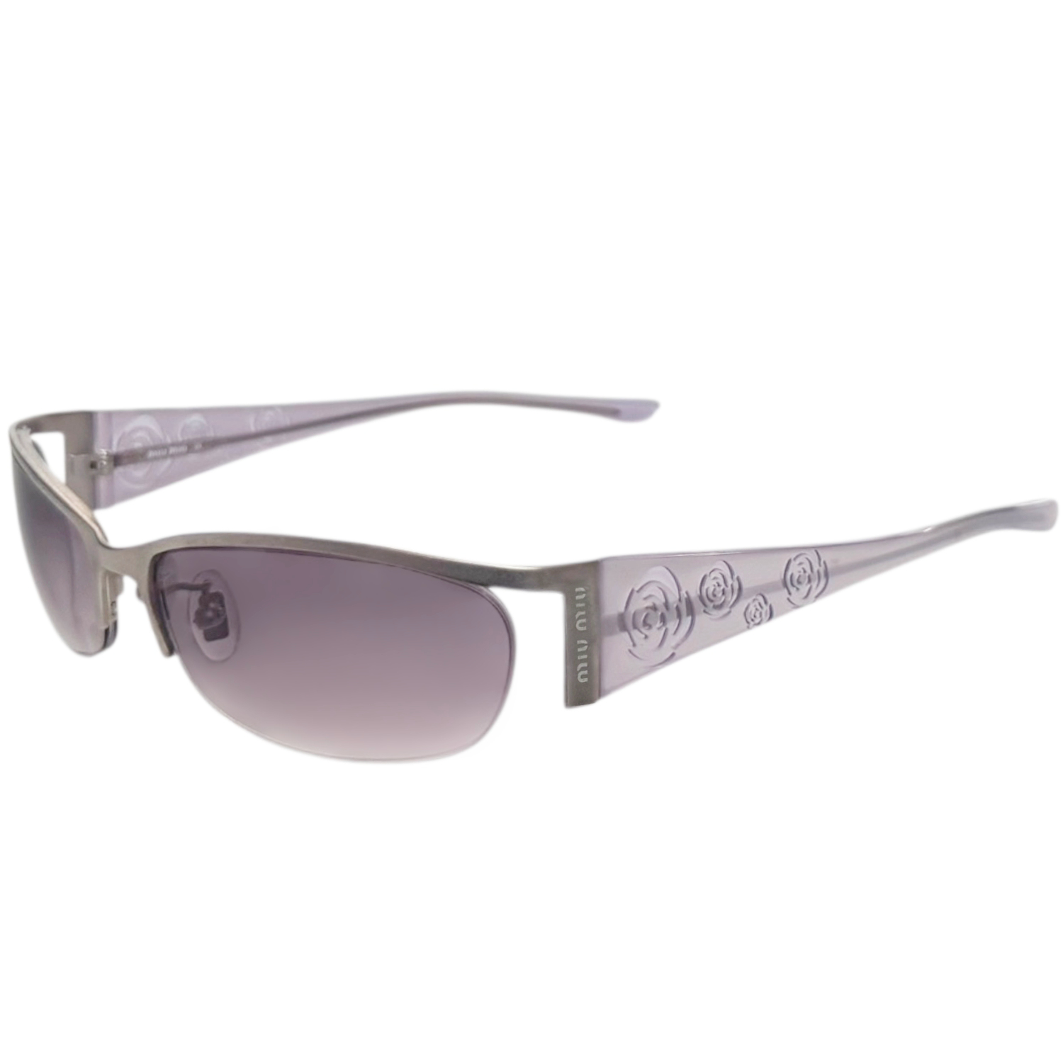 Vintage Miu Miu Logo Rose Rimless Sunglasses in Lilac Purple / Silver | NITRYL