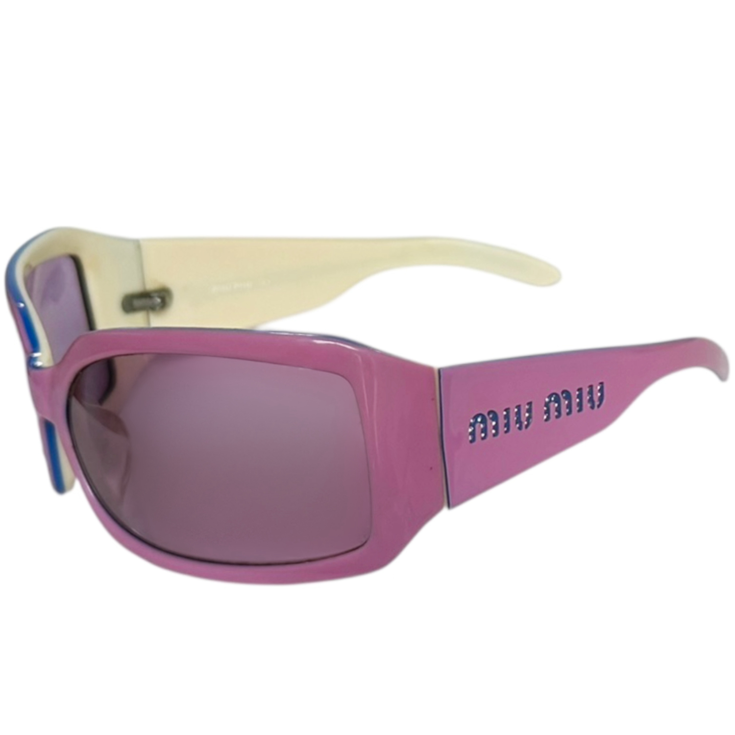 Vintage Miu Miu Logo Wraparound Sunglasses in Pink / Blue / Cream | NITRYL