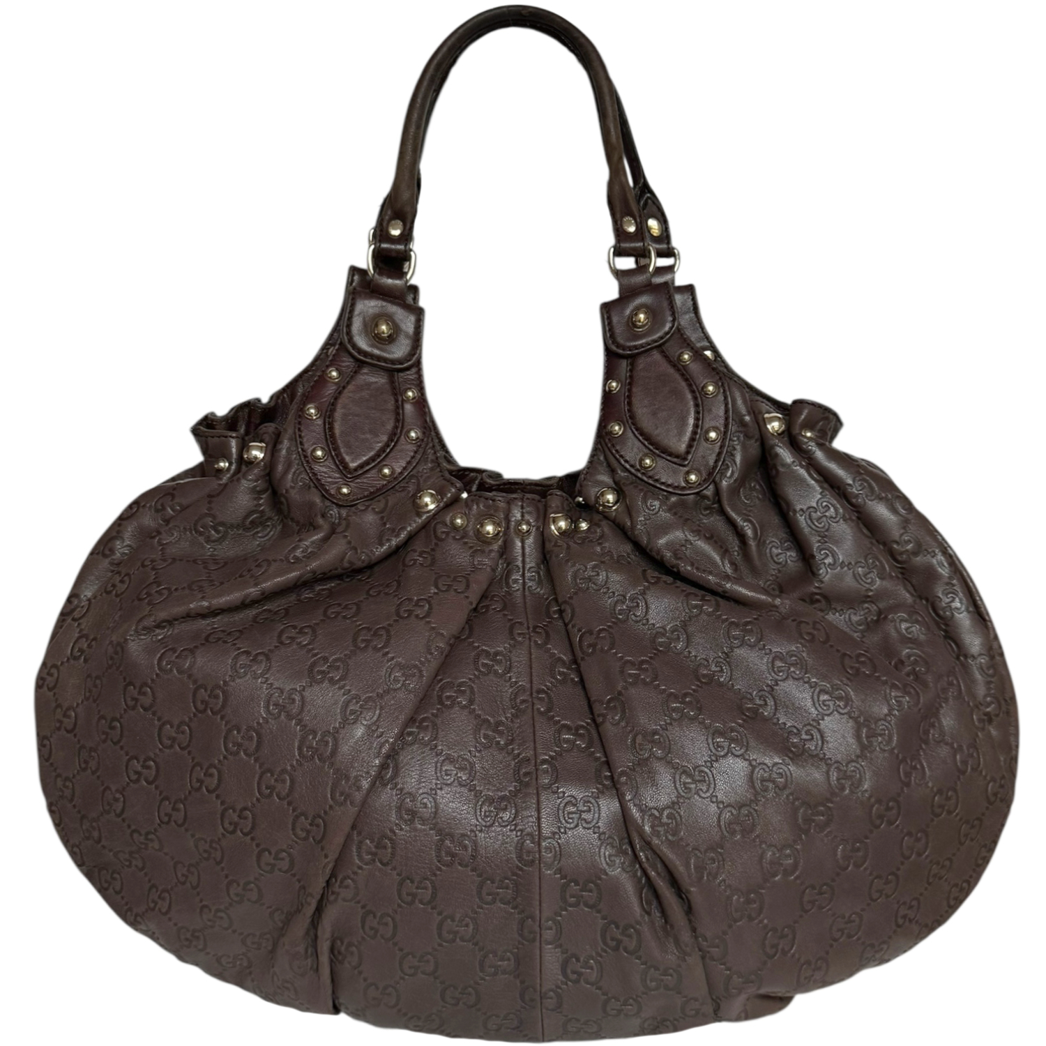 Vintage Gucci Monogram Leather Pelham Hobo Shoulder Bag in Brown / Gold | NITRYL