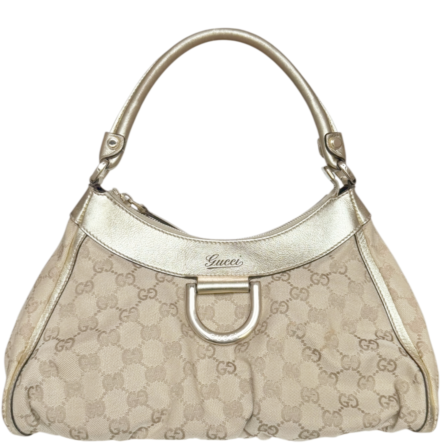 Vintage Gucci Monogram D Ring Hobo Shoulder Bag in Beige / Gold | NITRYL