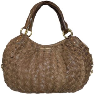 Vintage Miu Miu Leather Woven Hobo Shoulder Bag in Tan / Gold | NITRYL