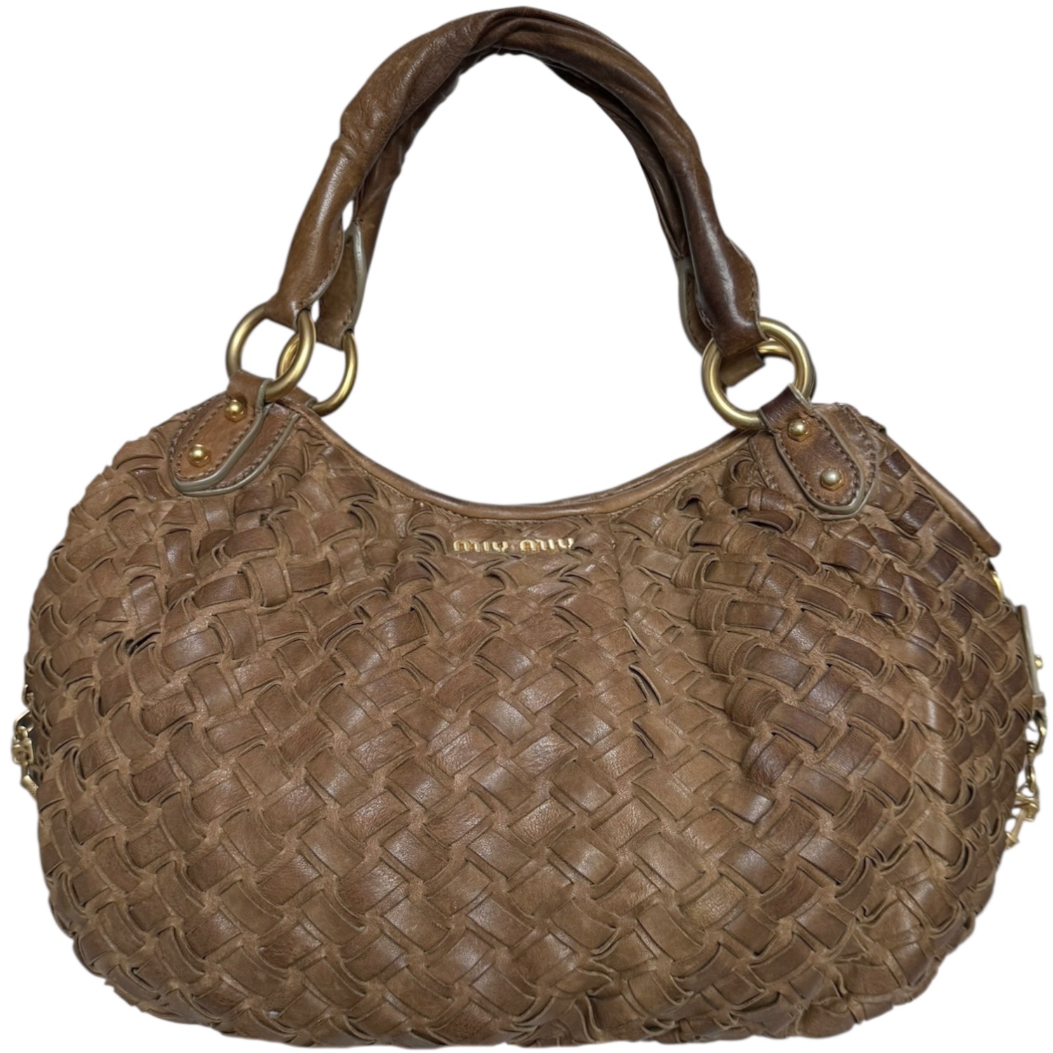 Vintage Miu Miu Leather Woven Hobo Shoulder Bag in Tan / Gold | NITRYL