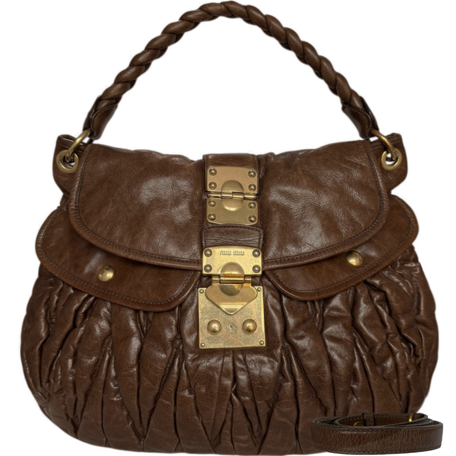 Vintage Miu Miu Matelasse Leather Large Hobo Shoulder Bag in Brown / Gold | NITRYL