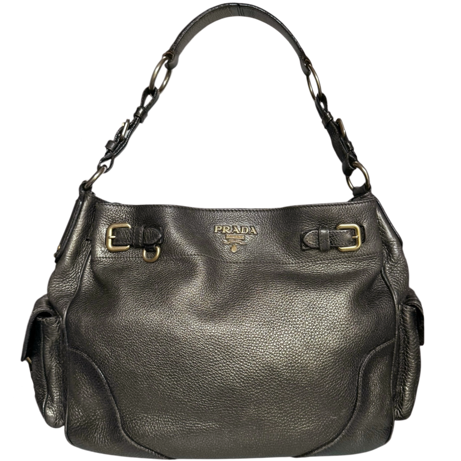 Vintage Prada Logo Pocket Hobo Shoulder Bag in Metallic Brown / Gold | NITRYL