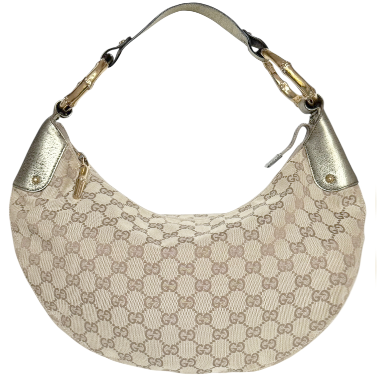 Vintage Gucci Monogram Croissant Hobo Shoulder Bag in Beige / Gold | NITRYL
