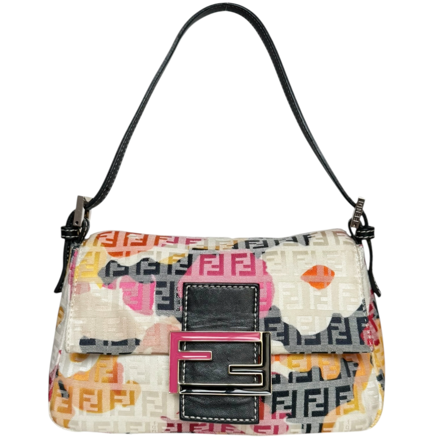 Vintage Fendi Monogram Floral Mini Mamma Shoulder Baguette Bag in Pink / Black / Yellow | NITRYL