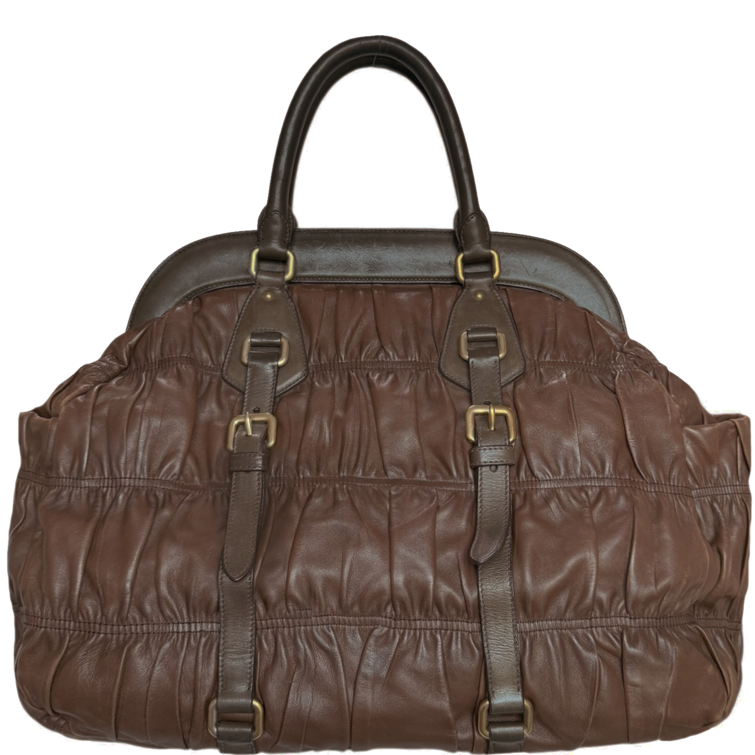 Vintage Prada Ruched Leather Large Shoulder Bag in Brown / Gold | NITRYL