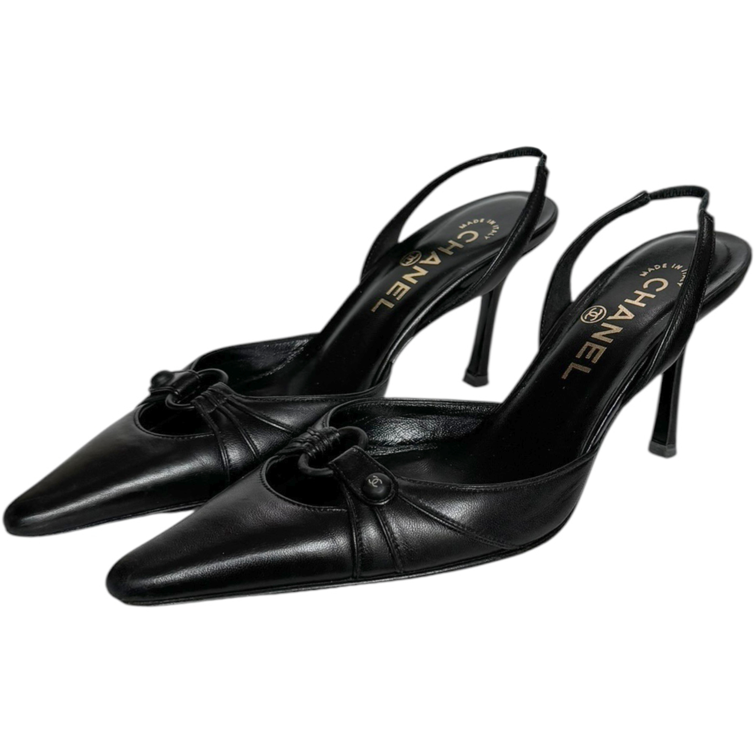 Vintage Chanel Logo Slingback Leather Heels in Black / Gold UK 3 | NITRYL
