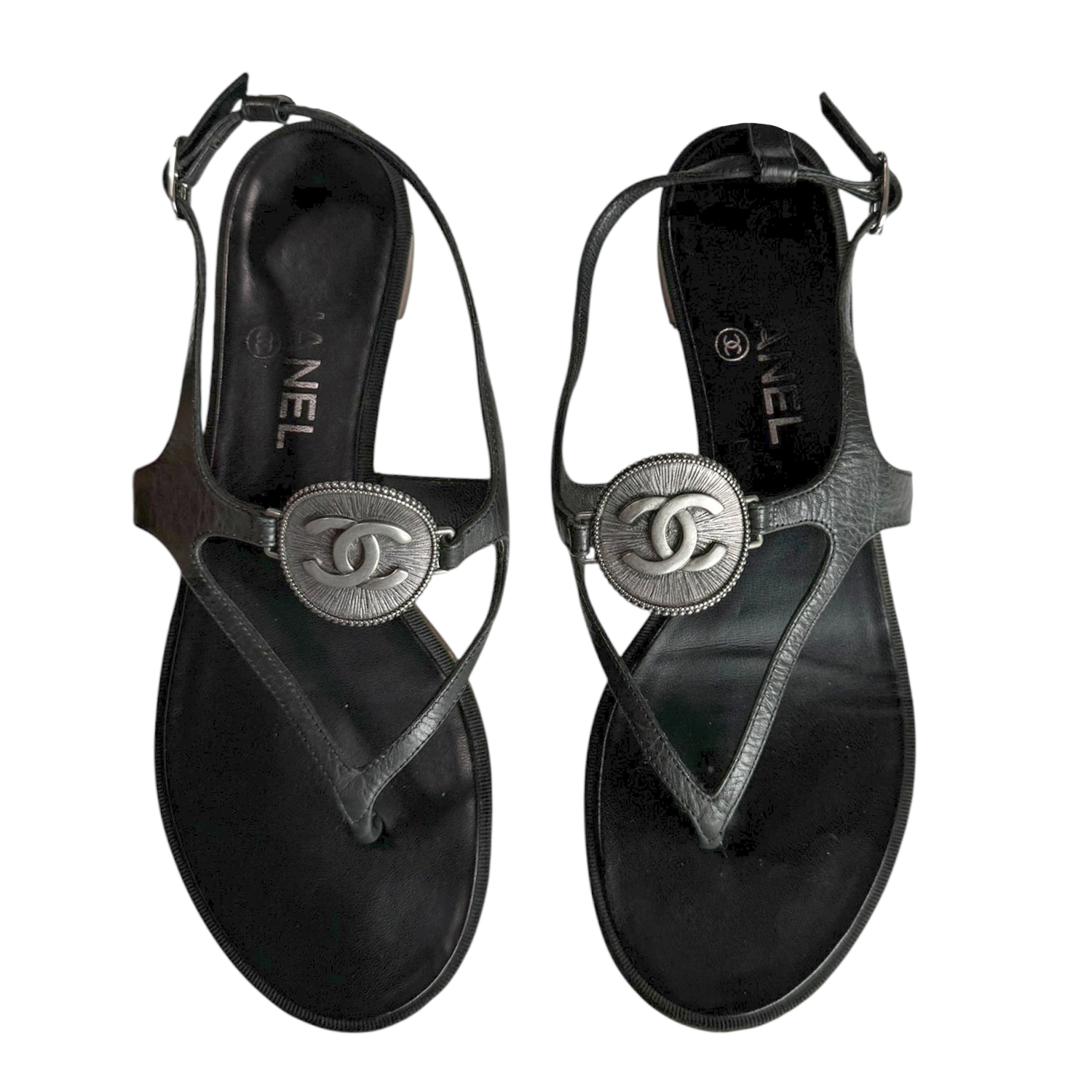 Vintage Chanel Logo Strappy Thong Sandals in Black / Silver UK 5.5 | NITRYL