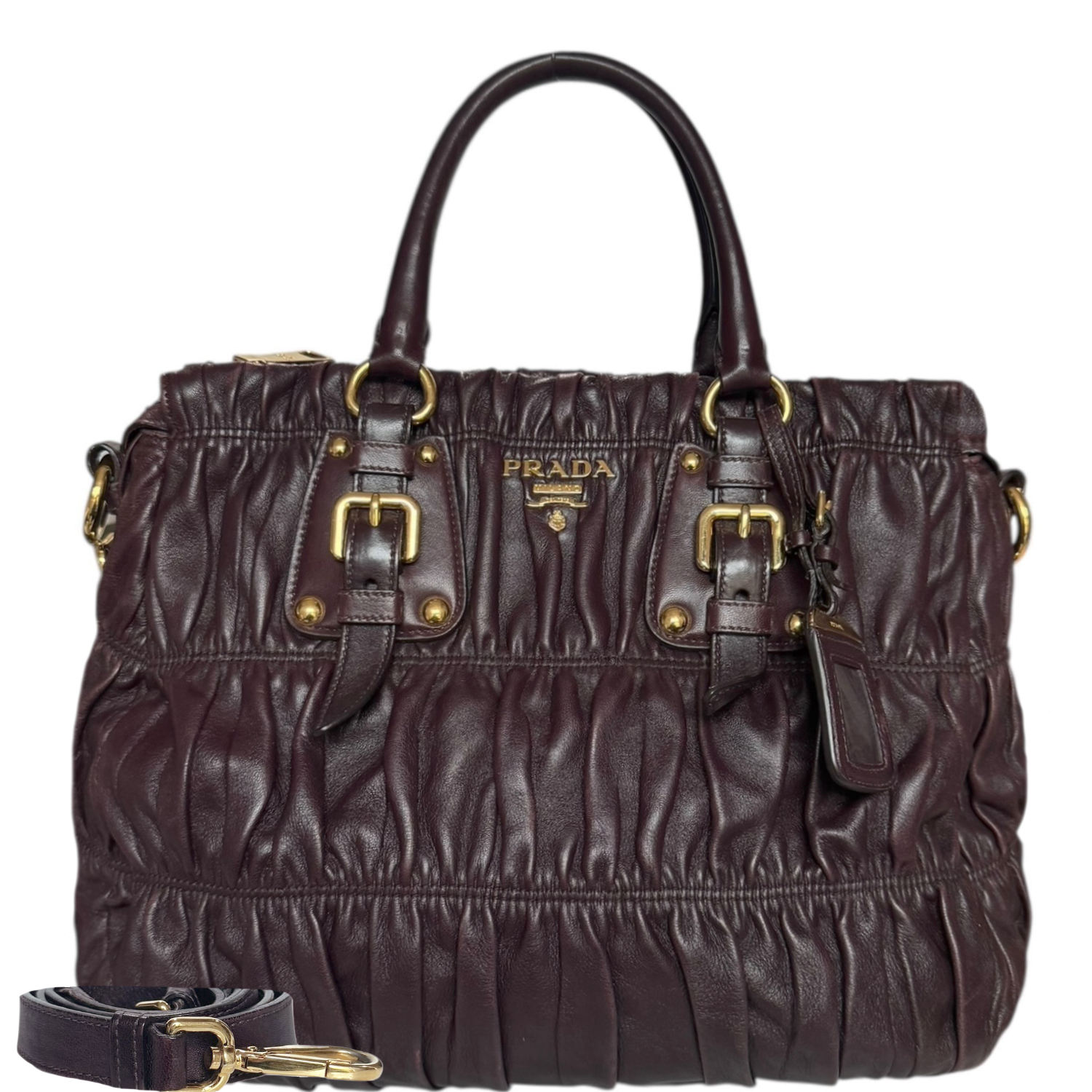 Vintage Prada Leather Ruched 2-Way Hobo Shoulder Bag in Maroon / Gold | NITRYL