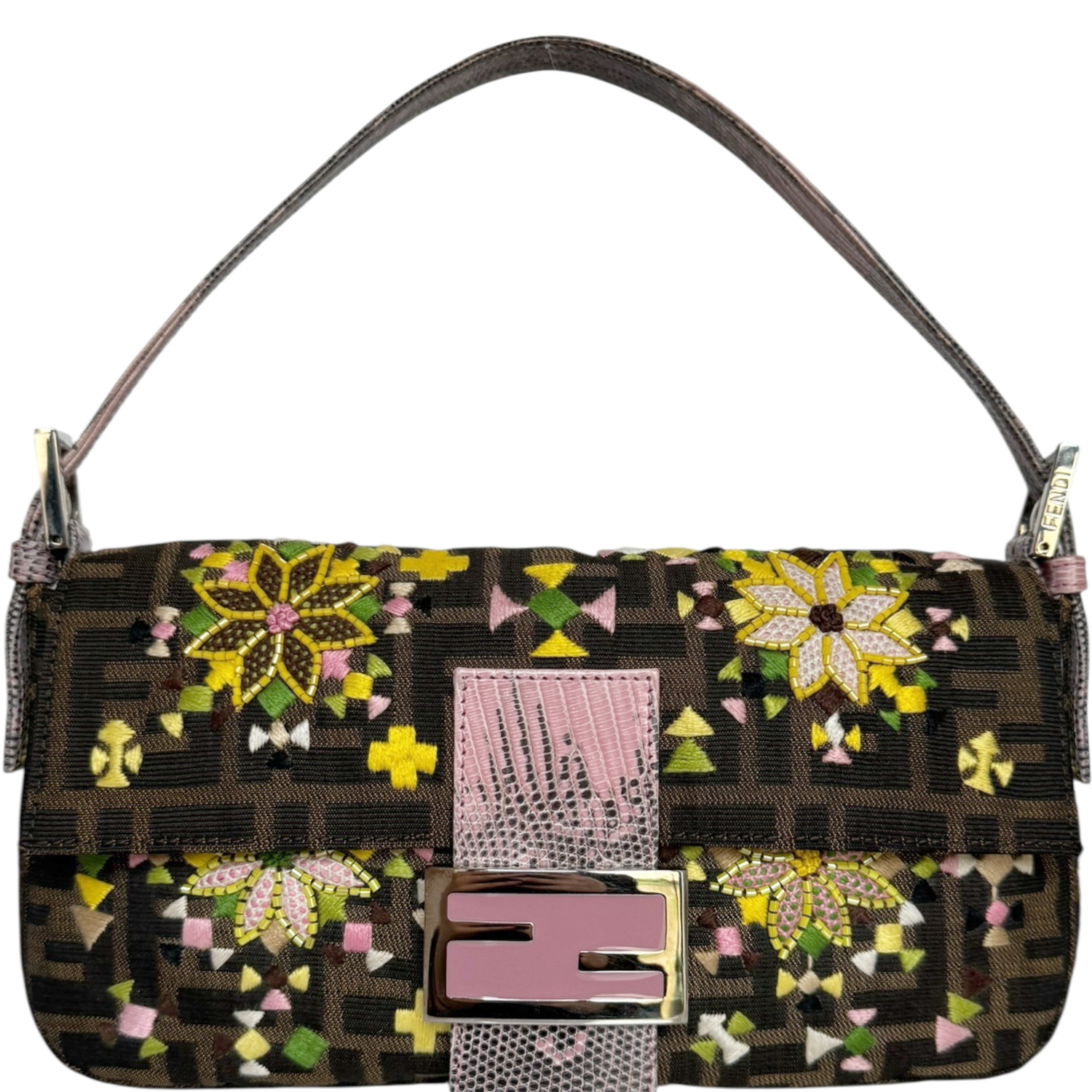 Vintage Fendi Monogram Beaded Embroidered Exotic Embellished Shoulder Baguette Bag in Brown / Pink / Yellow | NITRYL