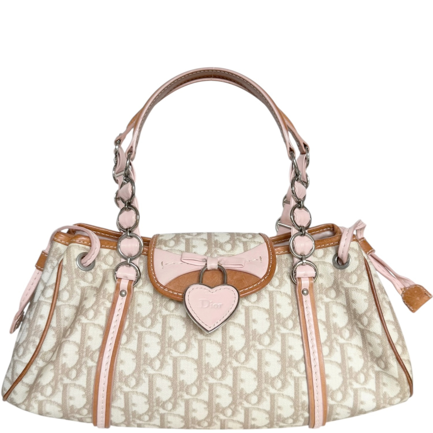 Vintage Dior Monogram Heart Romantic Shoulder Bag in Beige / Baby Pink | NITRYL