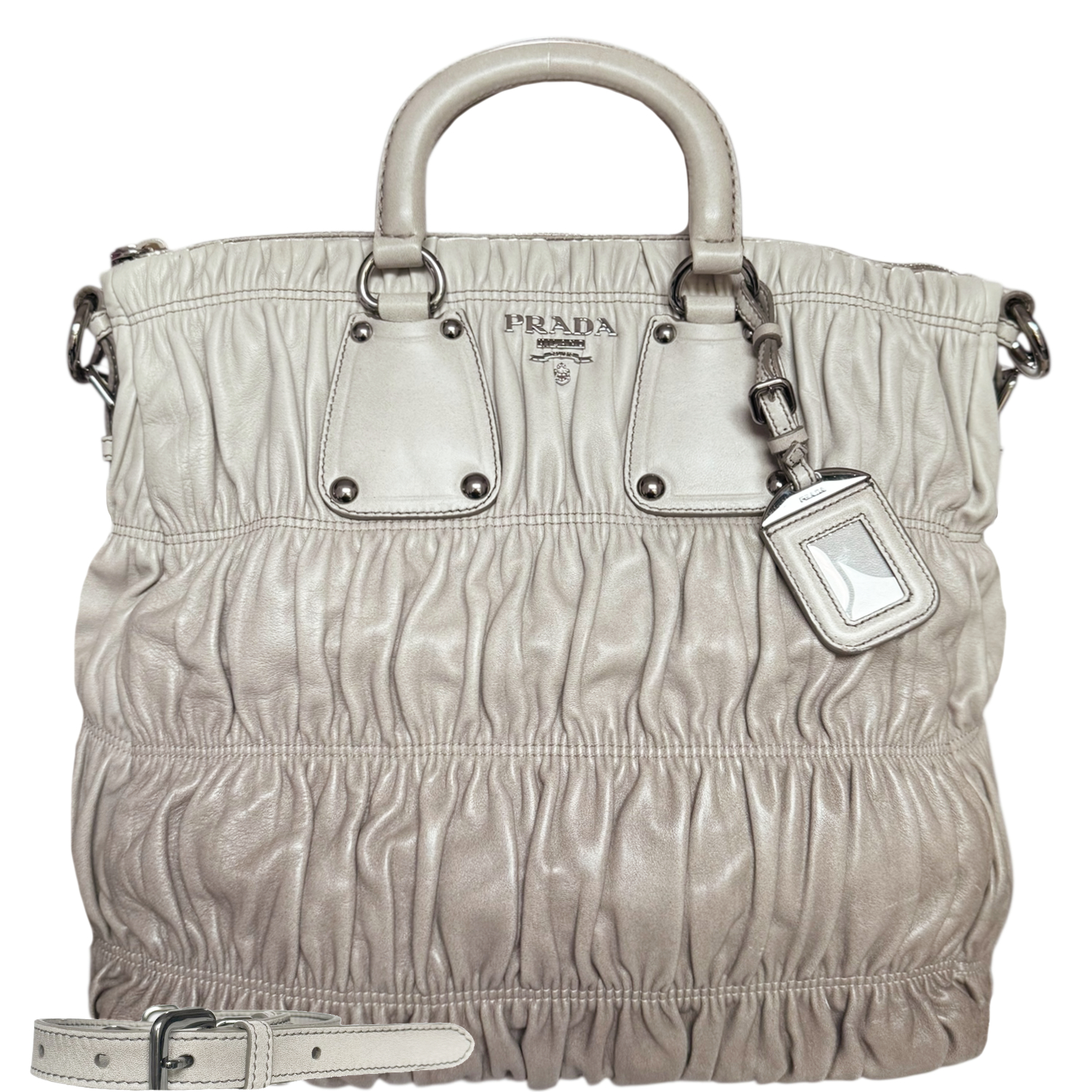 Vintage Prada Ombre Leather Ruched 2 - Way Tote Bag in White / Brown | NITRYL