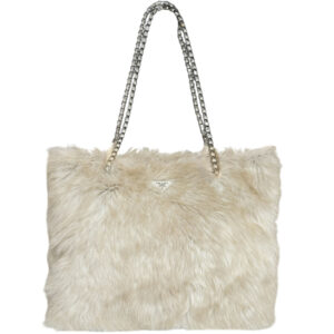 Vintage Prada Faux Fur Tote Shoulder Bag in Beige / Silver | NITRYL