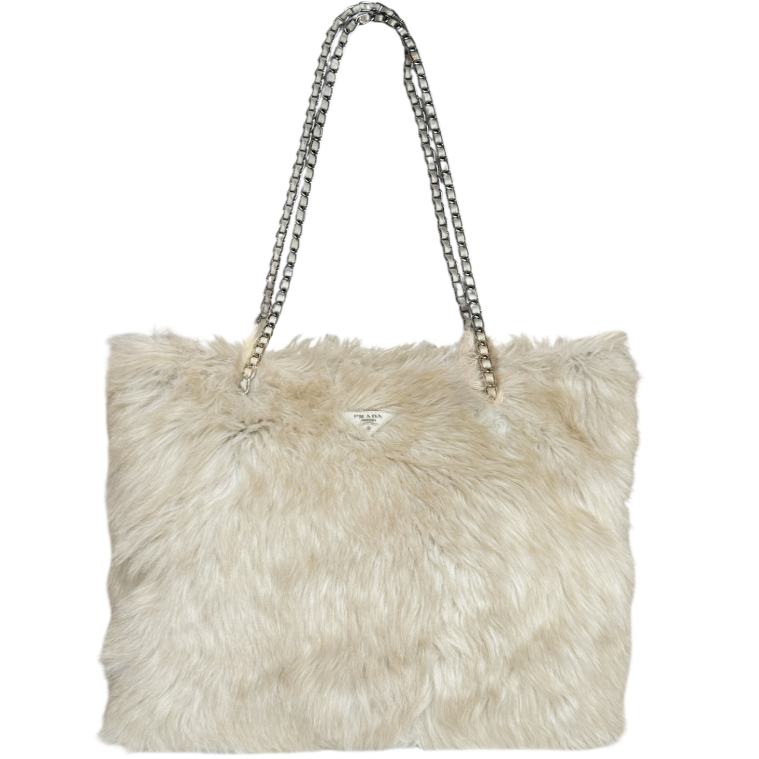 Vintage Prada Faux Fur Tote Shoulder Bag in Beige / Silver | NITRYL
