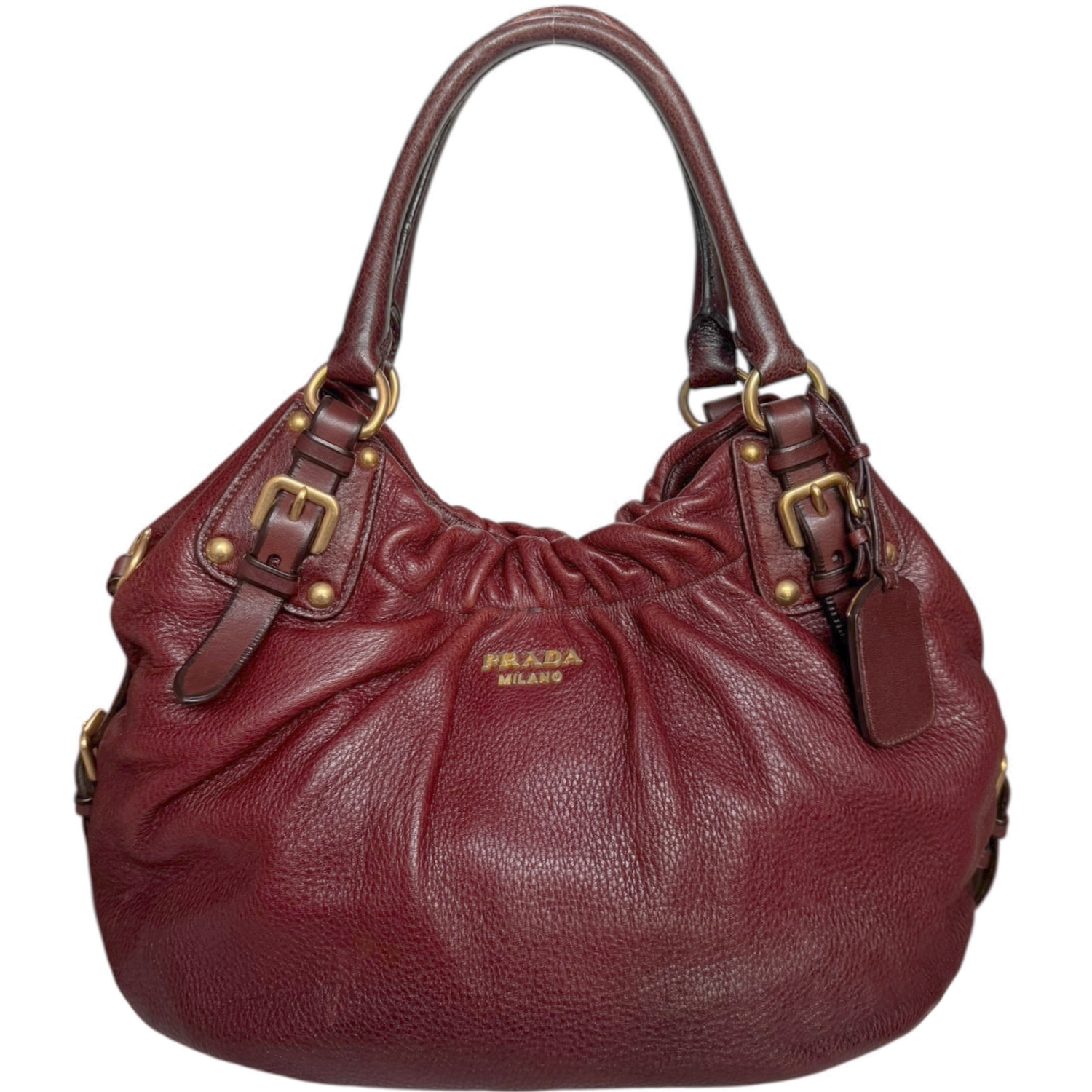 Vintage Prada Leather Hobo Shoulder Bag in Maroon Red / Gold | NITRYL